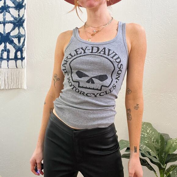 Y2K Harley Davidson Gray Ribbed Graphic Skull Tank Top - Picture 1 of 5